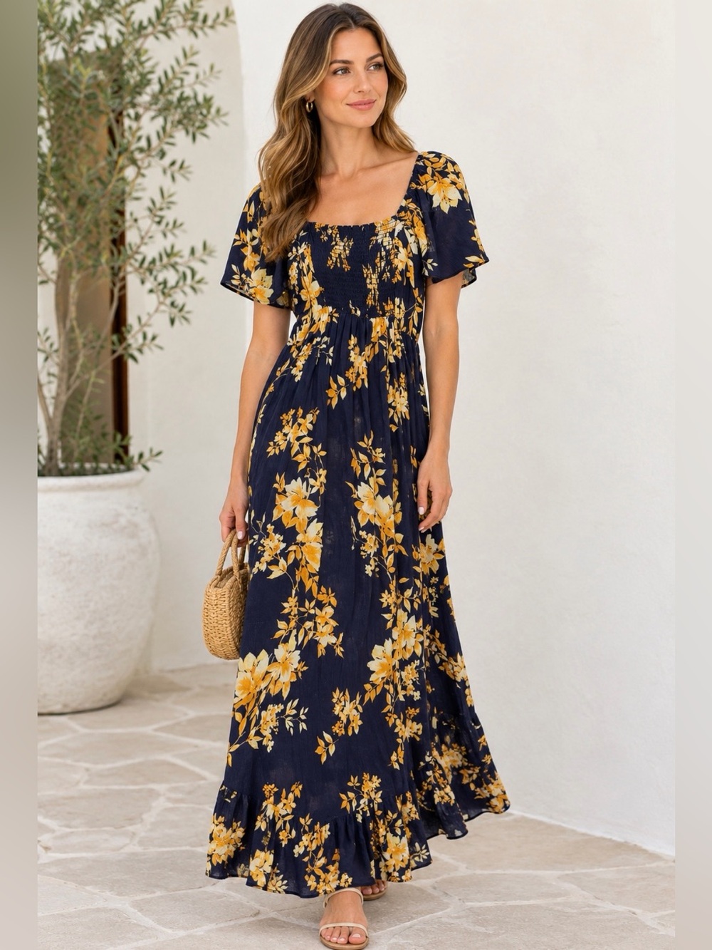 Floral Smocked Navy Maxi Dress with Yellow Bloom